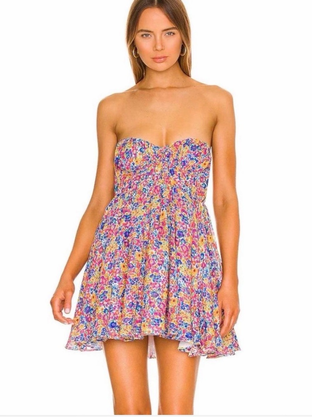 For Love & Lemons Strapless Floral Mini Dress in Pink, Blue, Yellow